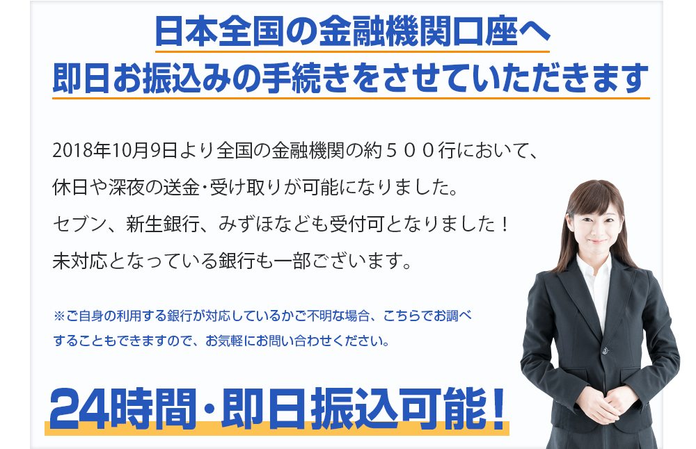 日本全国の金融機関口座へ即日お振込の手続きをさせていただきます。