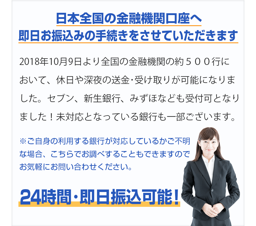 日本全国の金融機関口座へ即日お振込の手続きをさせていただきます。